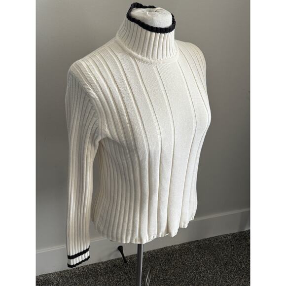 Vintage Ann Taylor Ribbed Mock Turtleneck Sweater White Black Trim Small Cotton - Picture 4 of 10